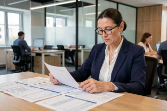 Femme consultant des statistiques de copropriété imprimées dans un bureau moderne
