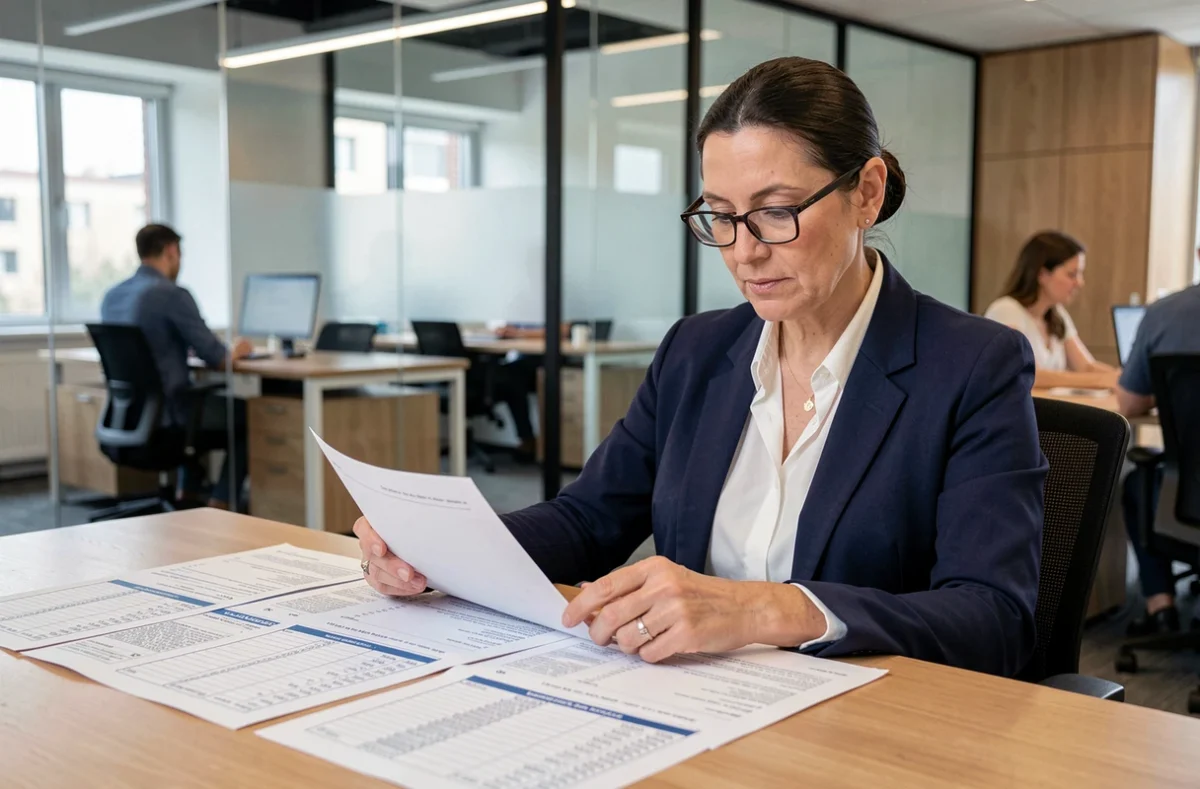 Femme consultant des statistiques de copropriété imprimées dans un bureau moderne