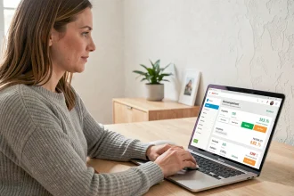 Femme consultant son espace locataire Foncia sur un ordinateur portable dans un bureau à domicile moderne