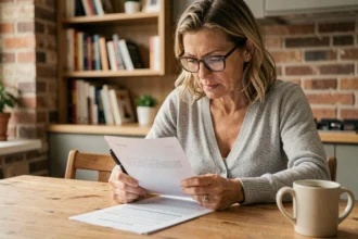 Femme consultant un contrat d'assurance habitation Eurofil à la table de sa cuisine