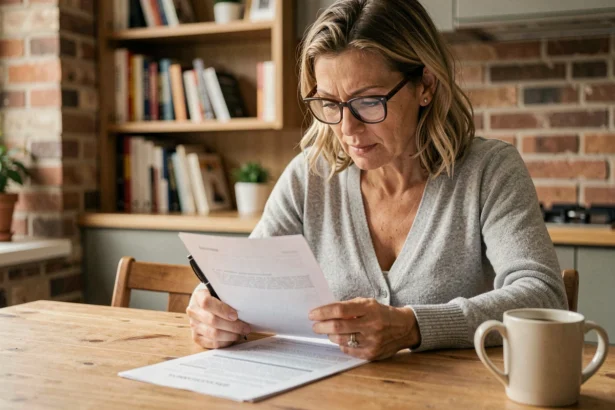 Femme consultant un contrat d'assurance habitation Eurofil à la table de sa cuisine