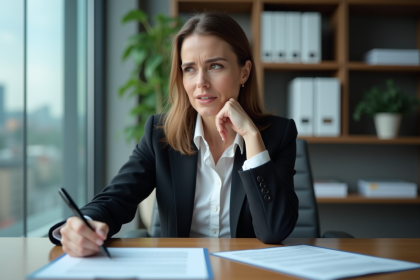 Femme en costume signe un contrat au bureau