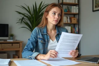 Femme en denim tenant un contrat dans un bureau moderne