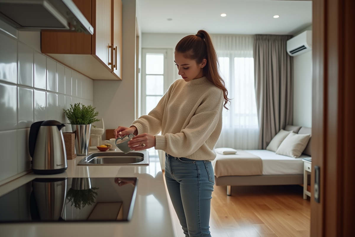 Jeune femme arrangeant la vaisselle dans un appartement moderne