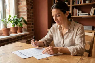 Femme consultant des documents d'assurance habitation à une table en bois dans un appartement moderne