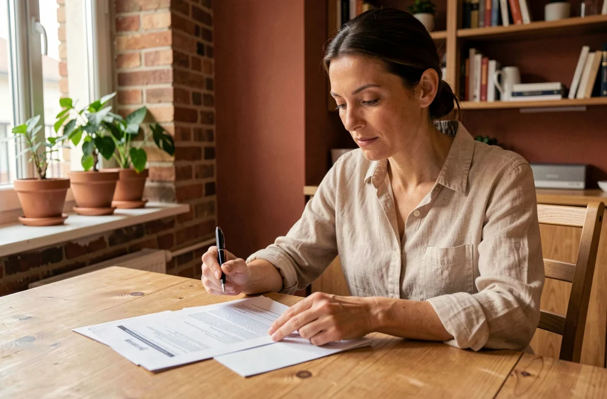 Femme consultant des documents d'assurance habitation à une table en bois dans un appartement moderne