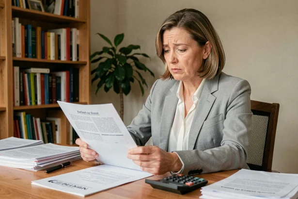 Femme examinant des documents de loyer impayé à son bureau à domicile, nouvelle loi sur les loyers