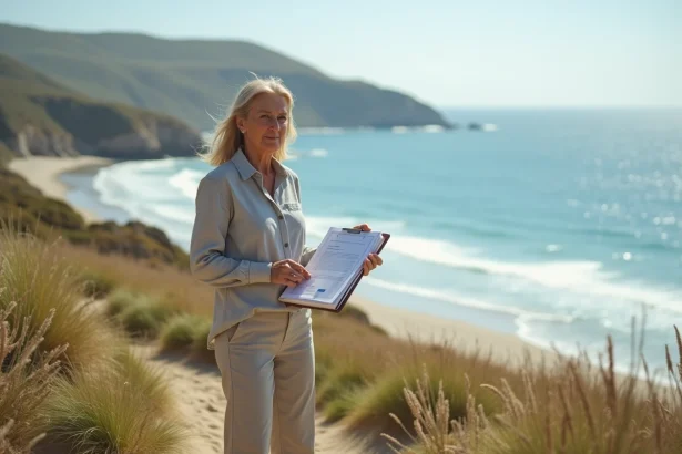 Femme debout sur les dunes regardant la mer avec documents immobiliers