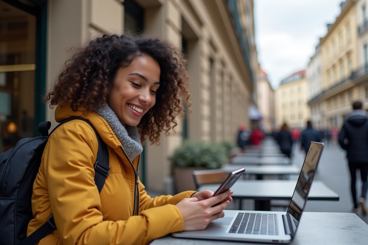 Femme étudiante au café à Lyon utilisant son smartphone
