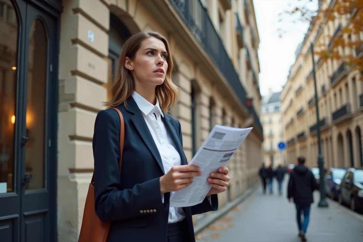 Femme évaluant un immeuble locatif en ville face à la hausse des loyers immobiliers en 2026