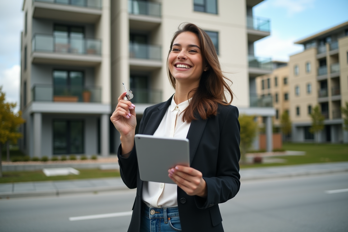 Jeune femme souriante tenant des clés devant un immeuble neuf