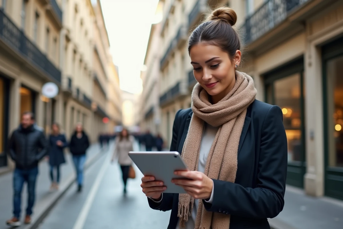 Femme d affaires à Lyon consulte des annonces immobilières