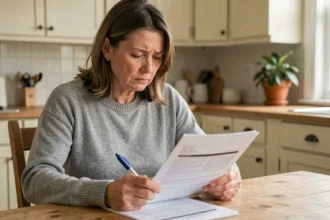 Femme lisant attentivement un contrat d'assurance habitation à la maison avant résiliation
