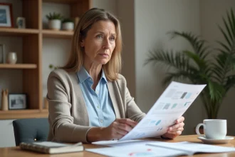 Femme réfléchissant à des documents immobiliers dans une cuisine moderne