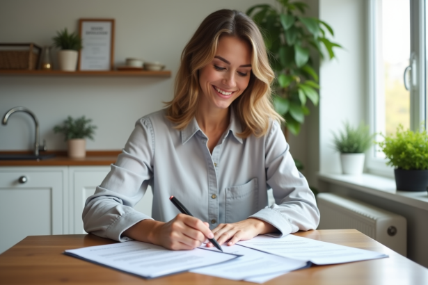 Femme souriante vérifiant documents immobiliers chez elle