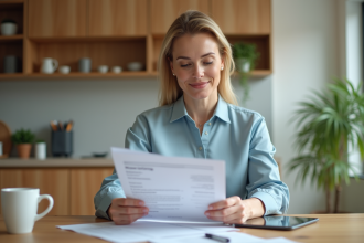 Femme en bleu examine documents de pret immobilier
