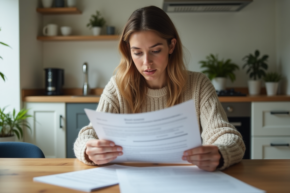 Jeune femme lisant des documents de location dans la cuisine