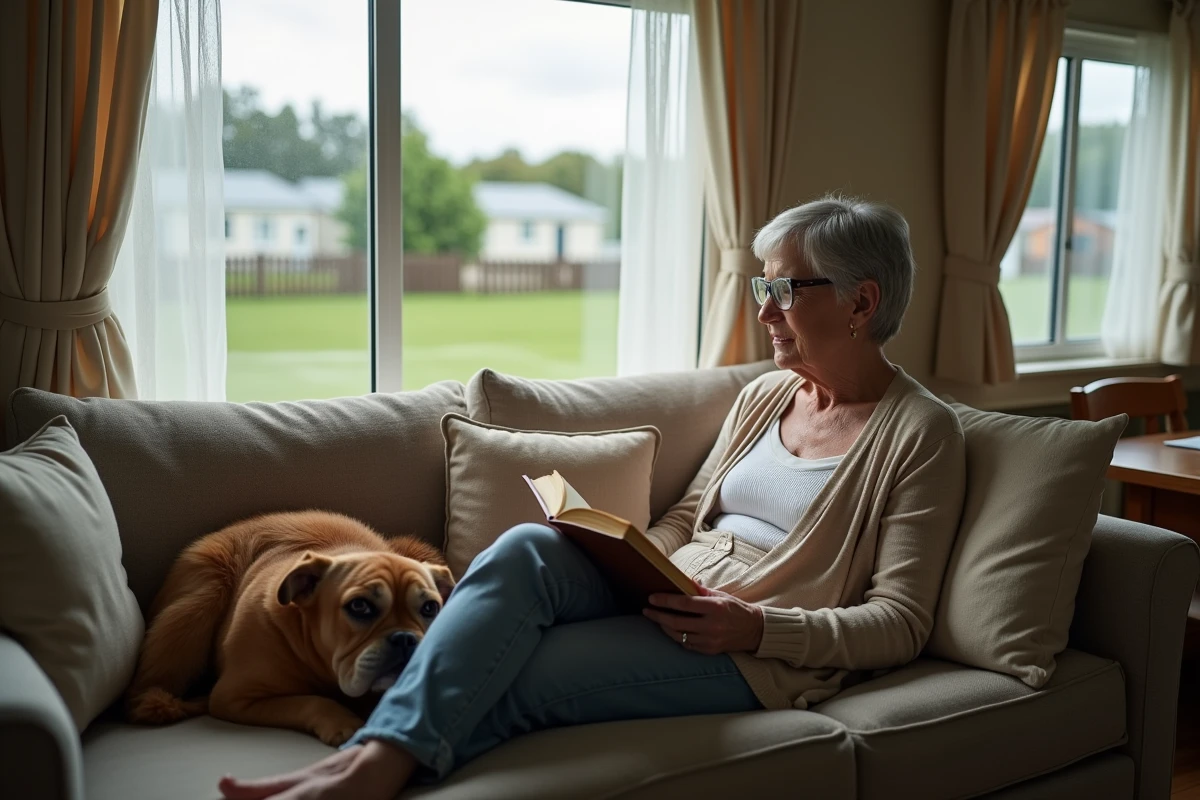 Femme âgée lisant dans un mobile home confortable