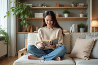 Jeune femme lisant dans un studio moderne et organisé