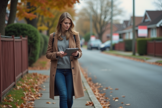 Femme marchant avec tablette devant maisons en vente