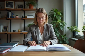 Femme d'âge moyen organisant des documents dans un appartement parisien