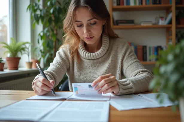 Jeune femme organisant des papiers dans un bureau à domicile