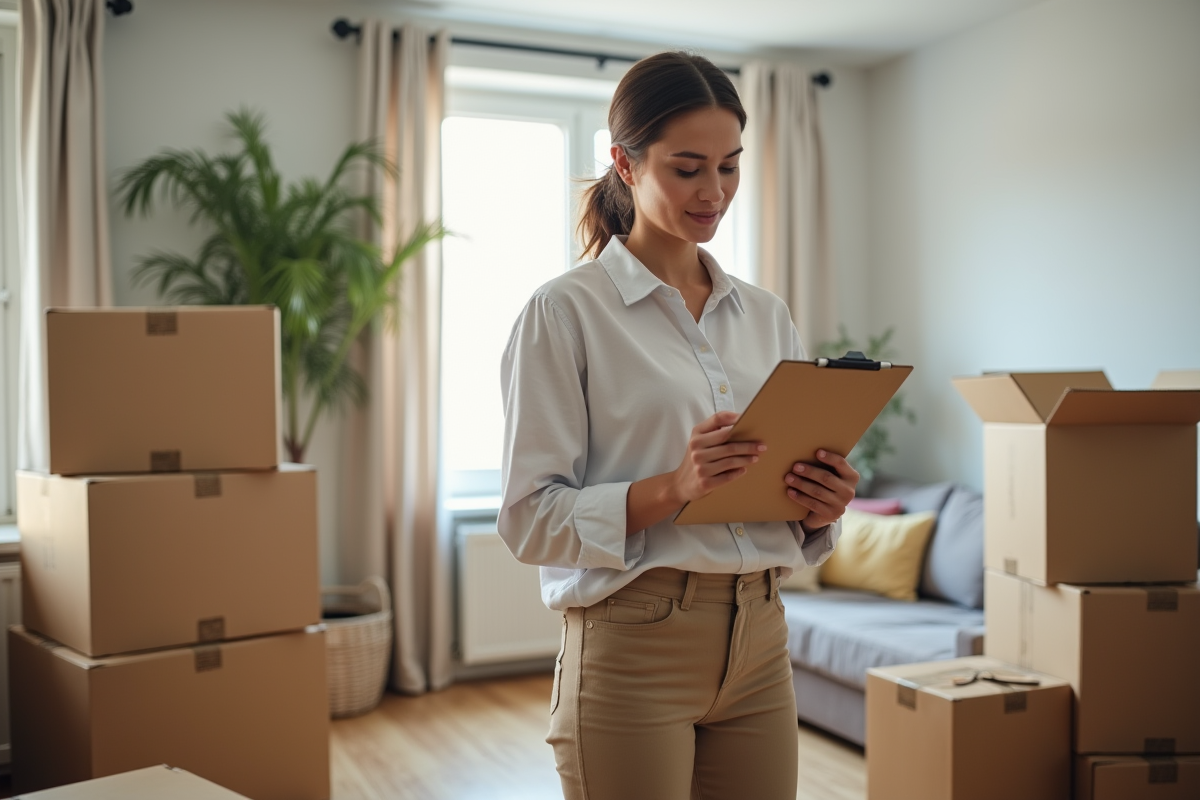 Femme vérifiant un clipboard parmi des cartons dans un appartement lumineux