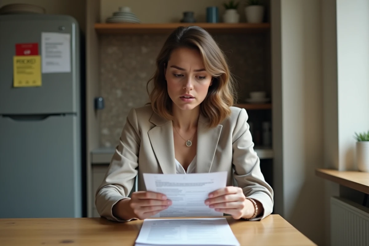 Femme en blazer regardant un formulaire dans une cuisine moderne