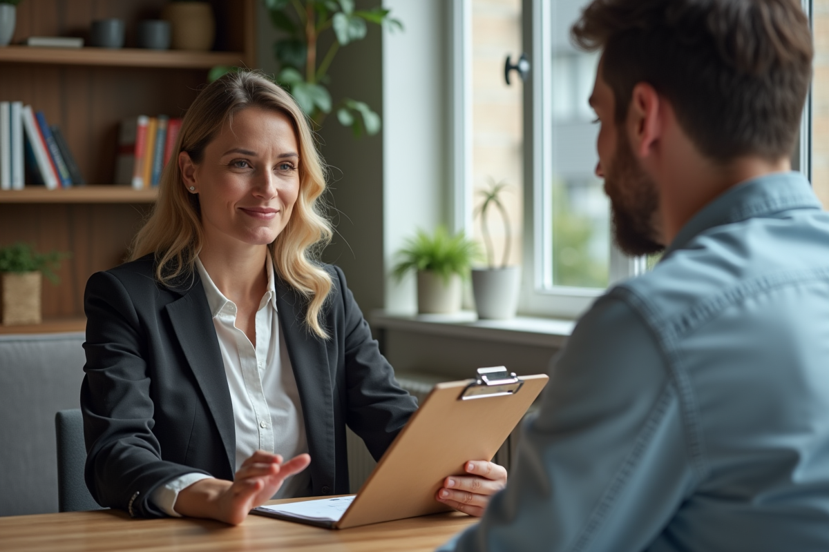 Femme professionnelle en réunion avec un locataire dans un salon moderne