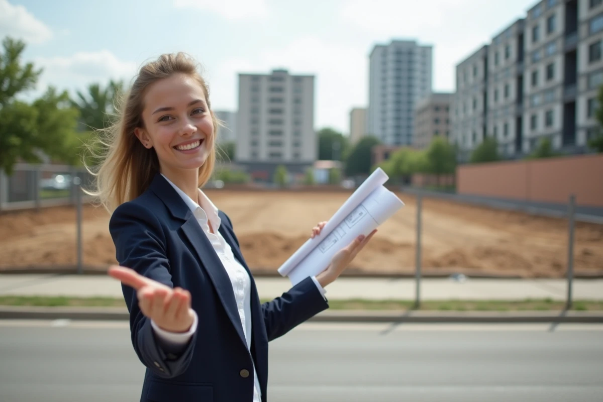 Jeune femme en extérieur montrant un plan de site urbain