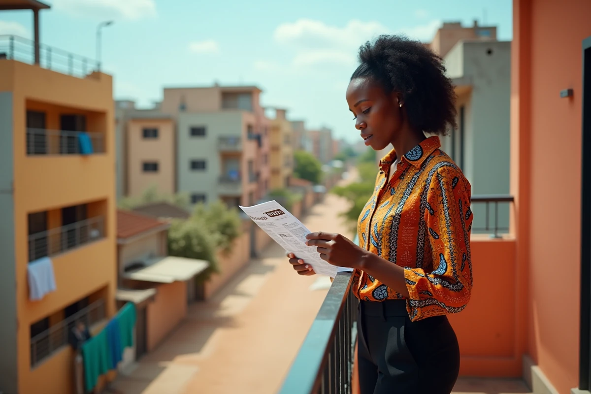 Femme sénégalaise en tenue wax consultant une annonce de location d'appartement sur son balcon avec vue sur un quartier résidentiel de Dakar