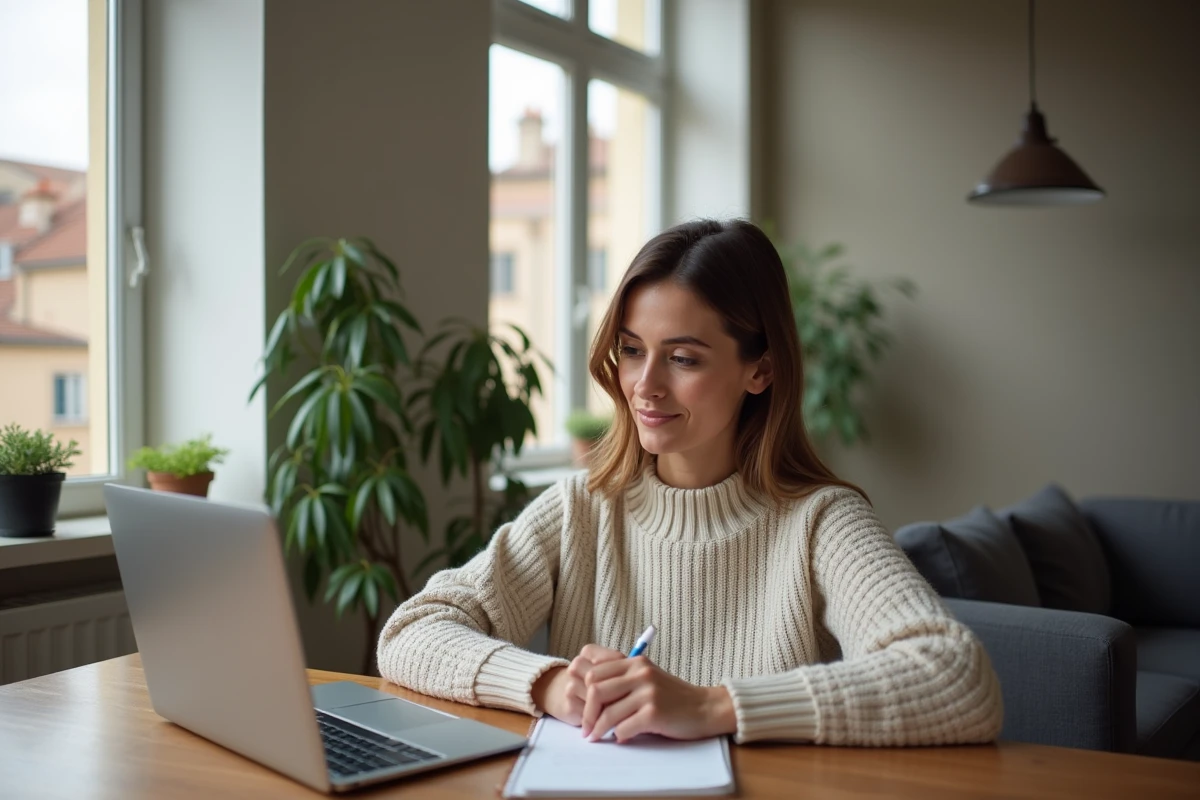 Femme recherchant appartement sur ordinateur à Lyon