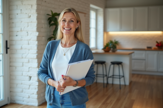 Femme d'âge moyen tenant un dossier de rénovation dans un appartement rénové