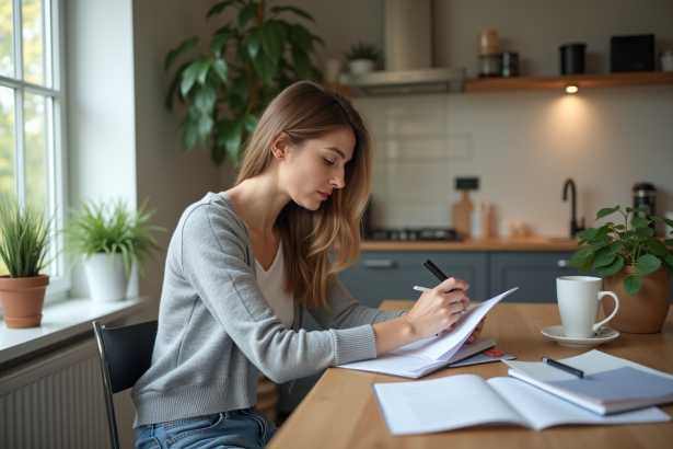 Femme en cardigan qui révise des papiers dans une cuisine lumineuse