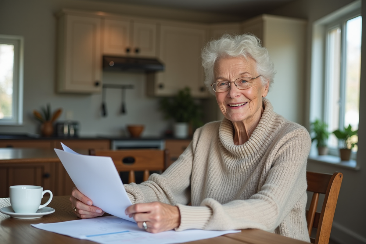 Femme âgée souriante examinant un document dans la cuisine