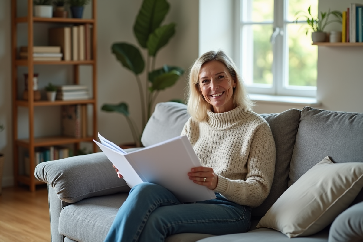 Femme souriante tenant un dossier d'assurance maison dans un salon moderne