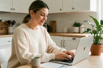 Femme souscrivant une assurance habitation en ligne sur son ordinateur portable depuis sa cuisine