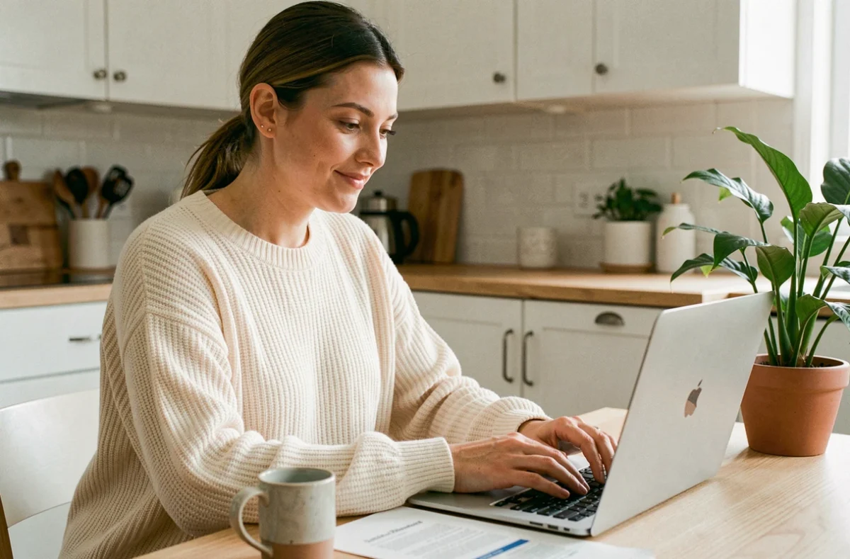 Femme souscrivant une assurance habitation en ligne sur son ordinateur portable depuis sa cuisine