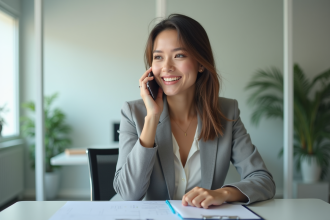 Jeune femme au bureau immobilier parlant au téléphone