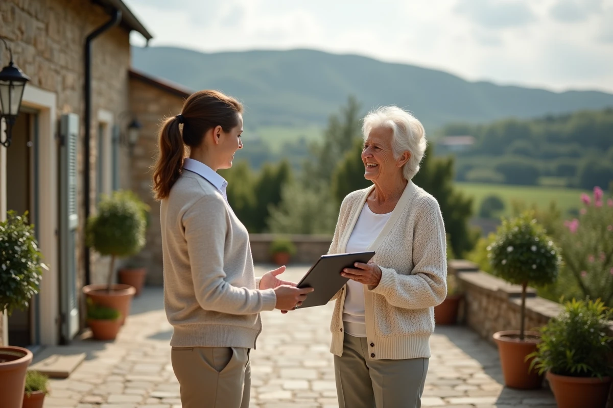 Femme senior discutant avec un conseiller sur la terrasse d