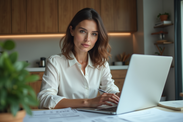 Femme en travail à la maison avec documents et ordinateur