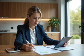 Femme en blazer bleu et chemise blanche travaillant à la maison