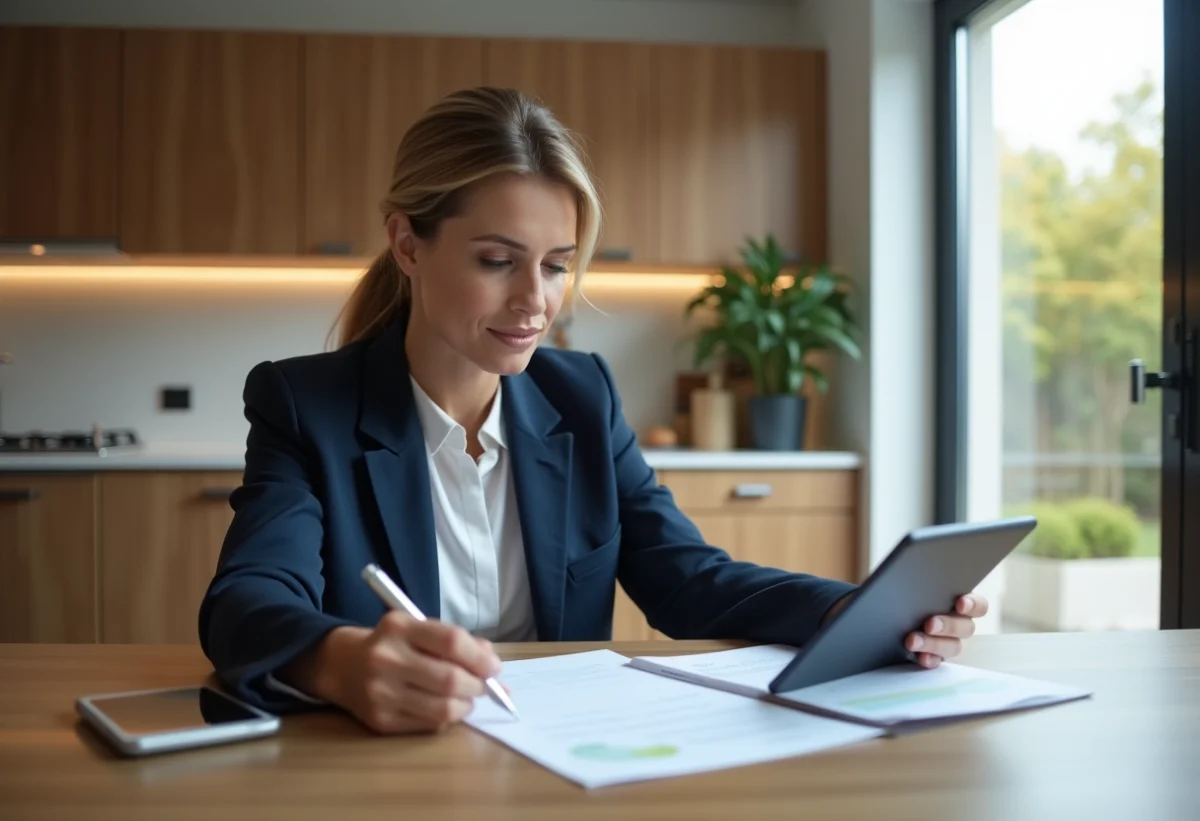 Femme en blazer bleu et chemise blanche travaillant à la maison