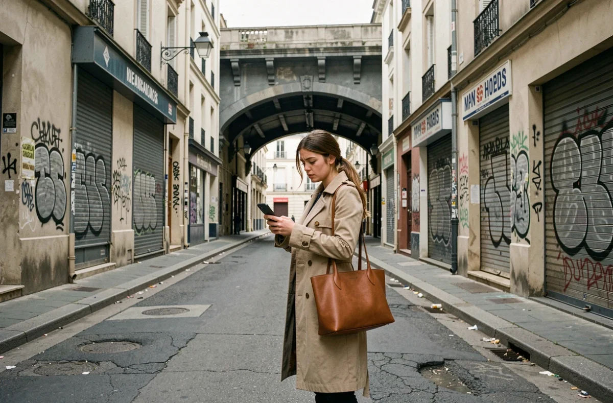 Jeune femme consultant son téléphone dans une rue dégradée d'un quartier à risque de Rennes