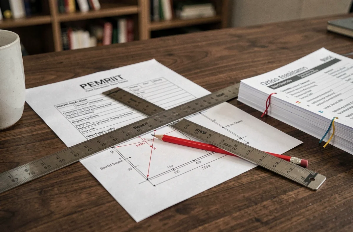 Formulaire de permis de construire avec règles de calcul des distances de limite de propriété sur un bureau