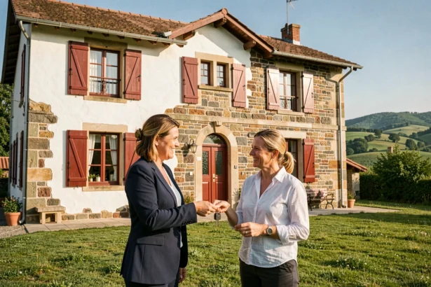 Agent immobilier remettant des clés à un couple devant une maison basque traditionnelle dans les Pyrénées-Atlantiques