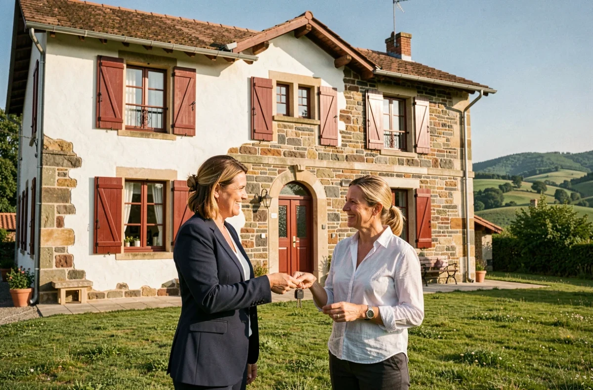 Agent immobilier remettant des clés à un couple devant une maison basque traditionnelle dans les Pyrénées-Atlantiques