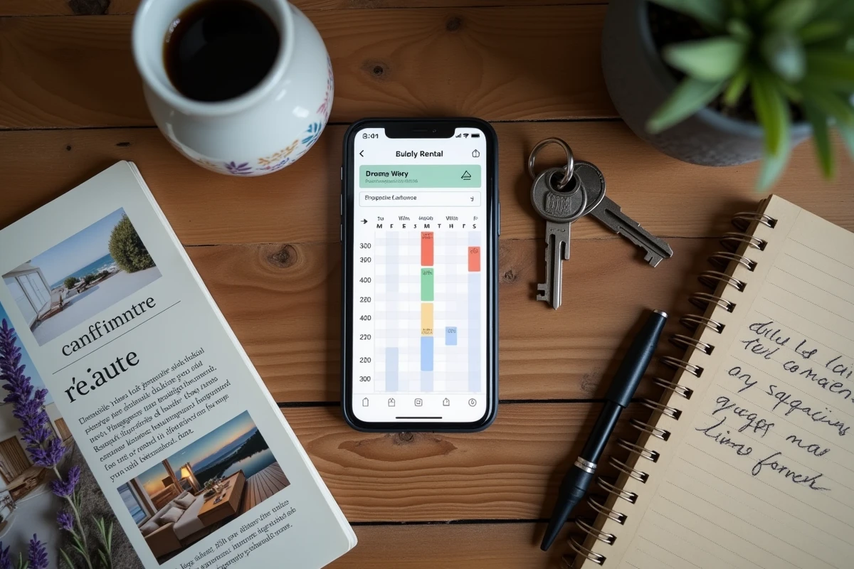 Vue de dessus d'un bureau de gîte avec smartphone affichant un calendrier de réservation, clés et carnet de notes