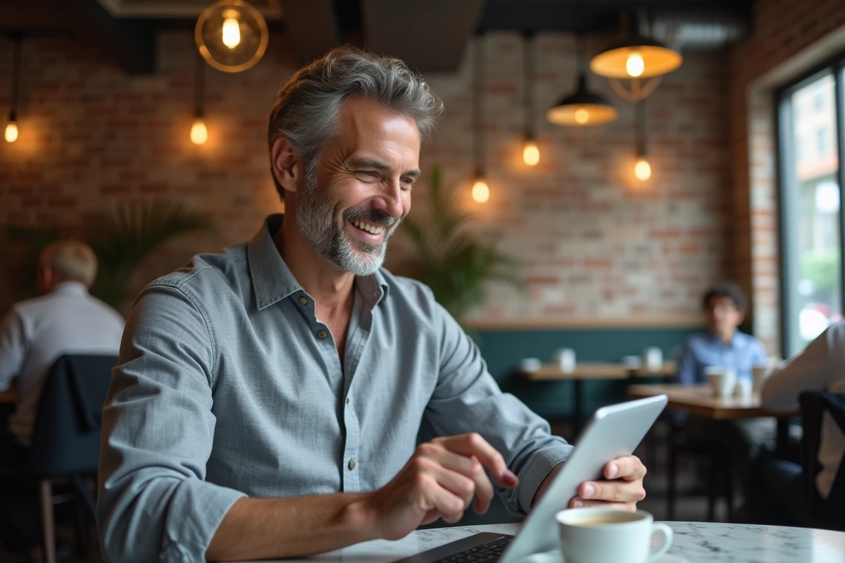 Homme gérant ses réservations immobilières sur une tablette dans un café urbain moderne