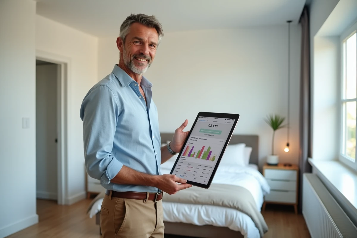 Propriétaire dans un studio meublé consultant un tableau de bord de gestion locative comparative sur tablette